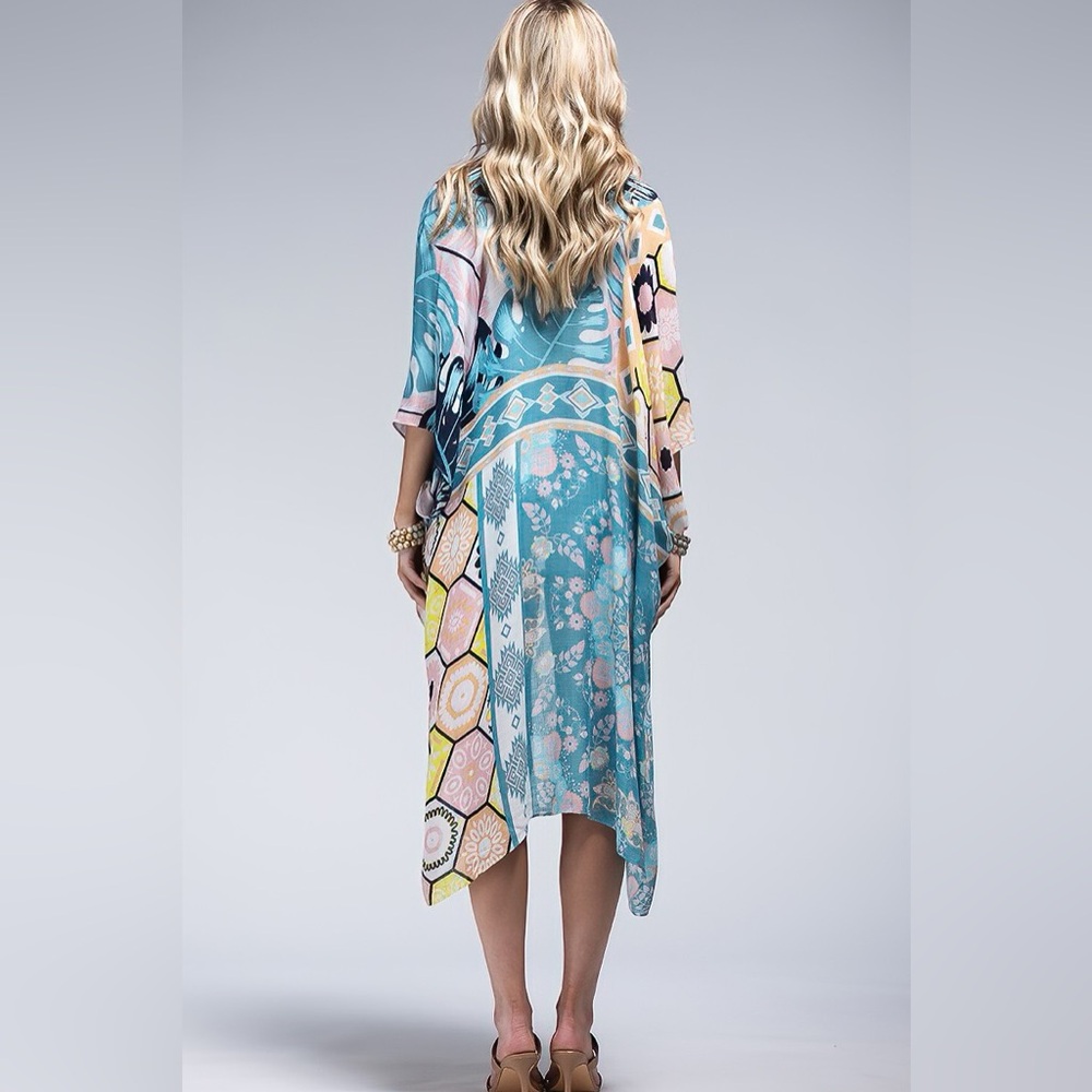 41. 🛑 LAST 2! COST Bohemian floral kimono cardigan Multicolor pink blue colorful - Picture 3 of 5